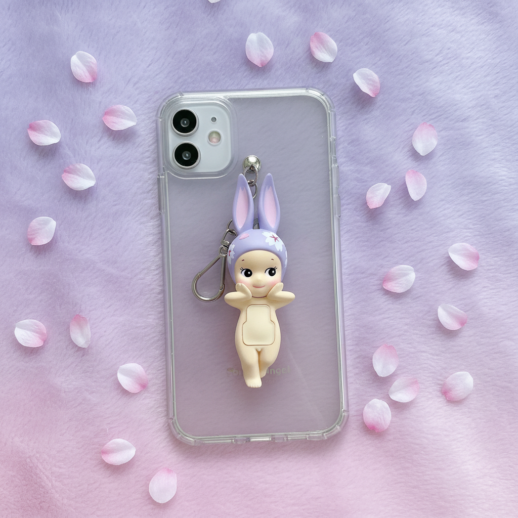 Figurine Angel Cherry Blossom accrochée sur un téléphone avec pétales de sakura