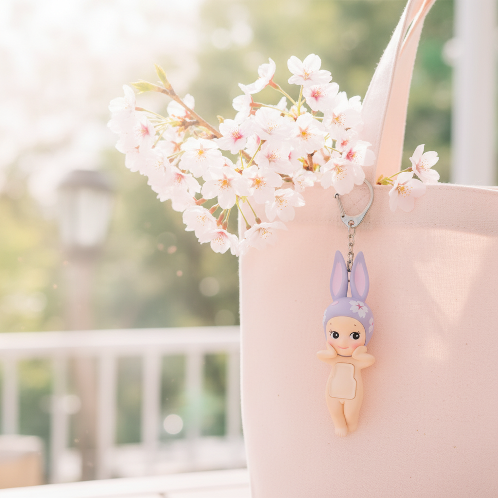 Figurine Angel Cherry Blossom accrochée sur un sac rose