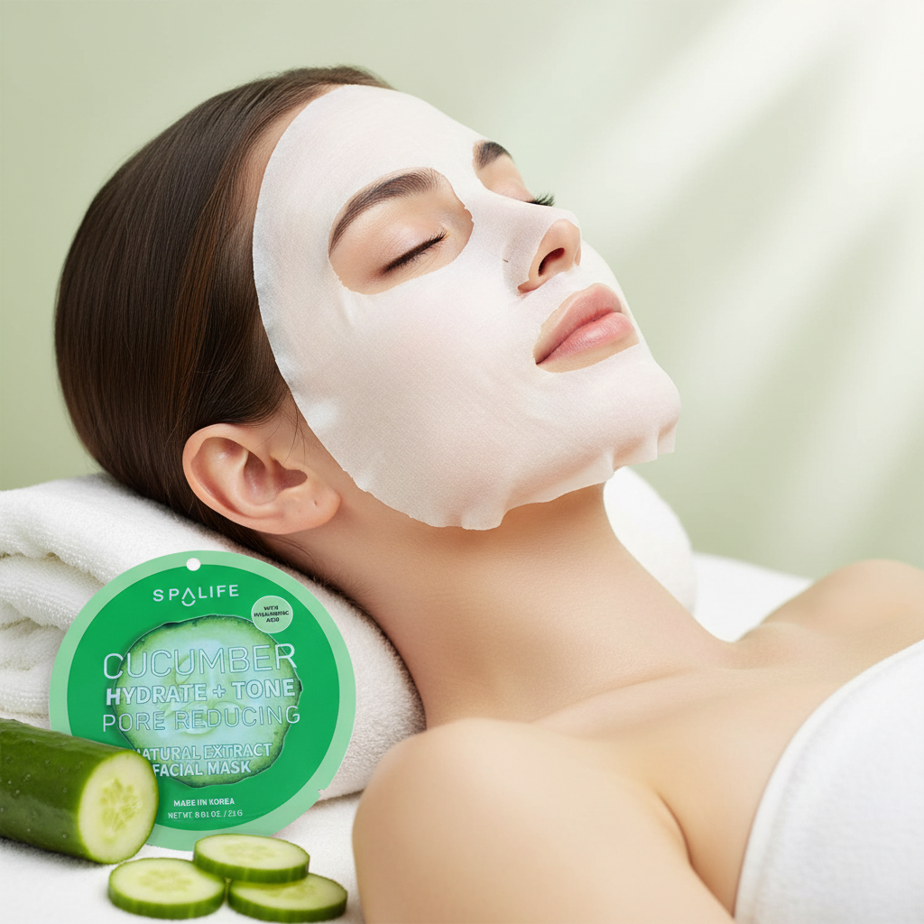 Femme portant un masque facial en tissu, tranches de concombre à côté, ambiance spa