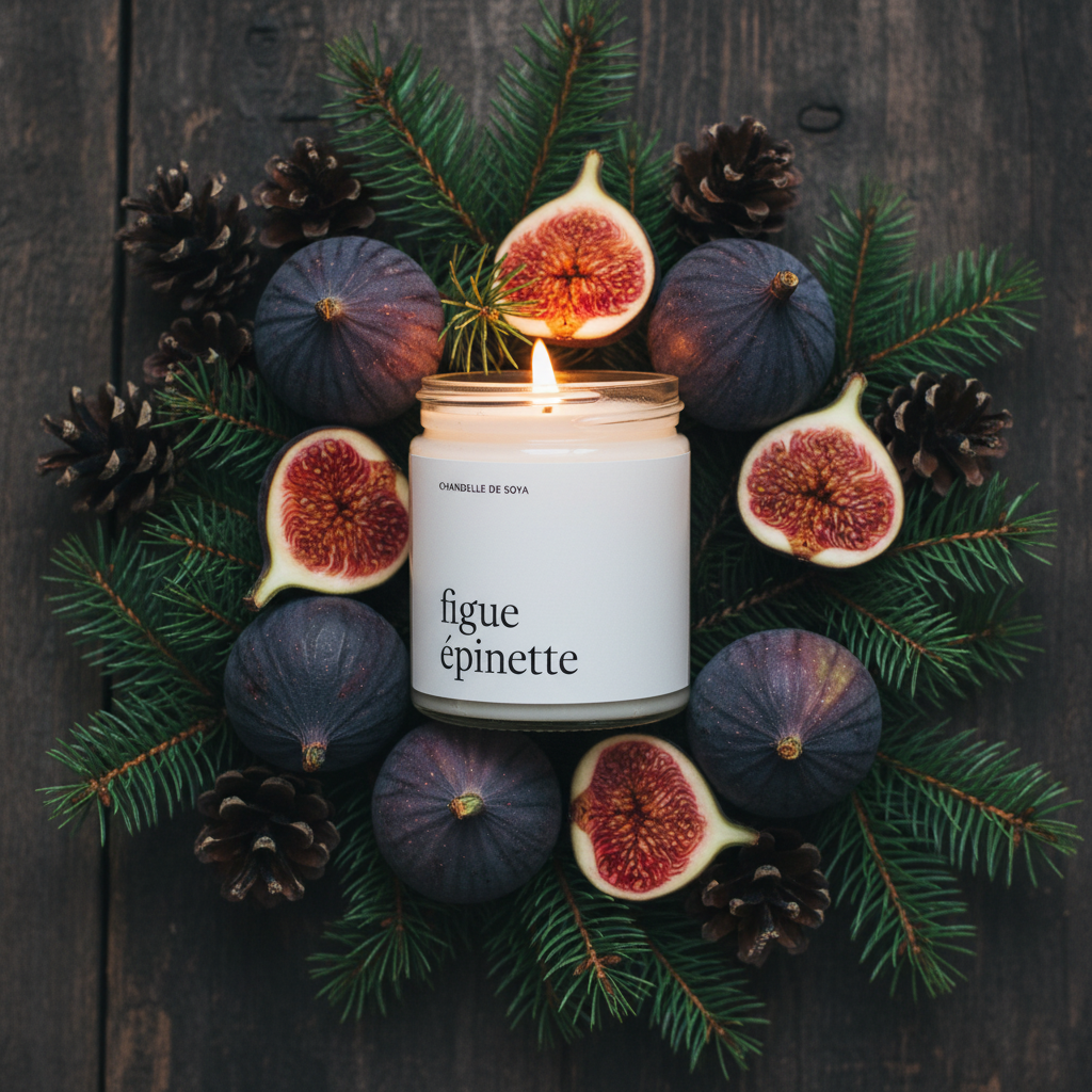 Chandelle de soya Figue Épinette allumée entourée de figues et branches d'épinette, ambiance cosy boisée