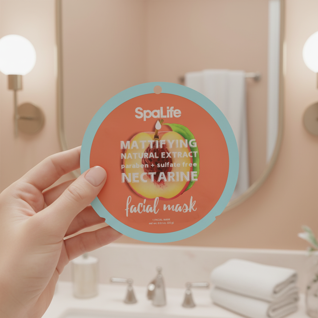 Masque facial nectarine de SPA LIFE tenu dans une main devant un miroir de salle de bain