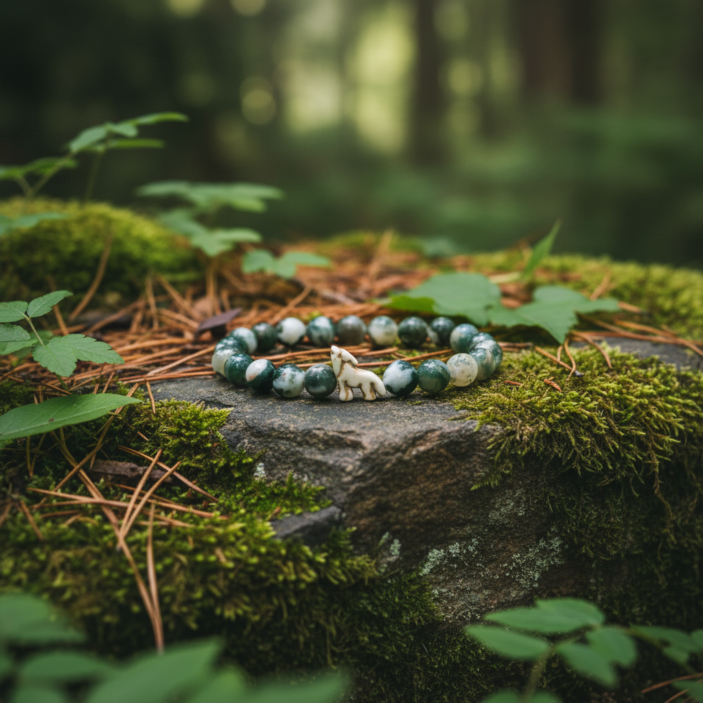 Bracelet Fahlo Loup Scout Green sur roche moussée en forêt