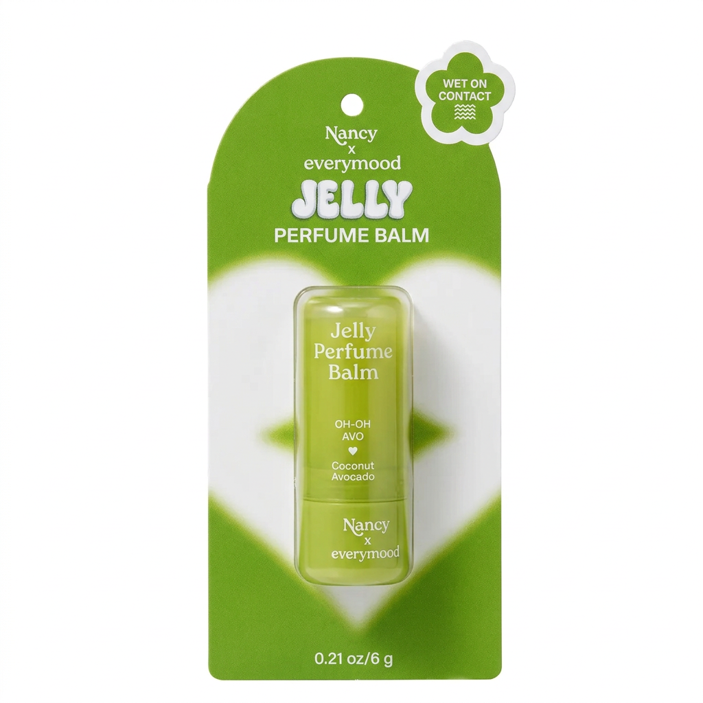 Mini baume parfumé OH-OH AVO Coconut Avocado de Nancy x Everymood, 6 g, dans son emballage individuel sur fond blanc.