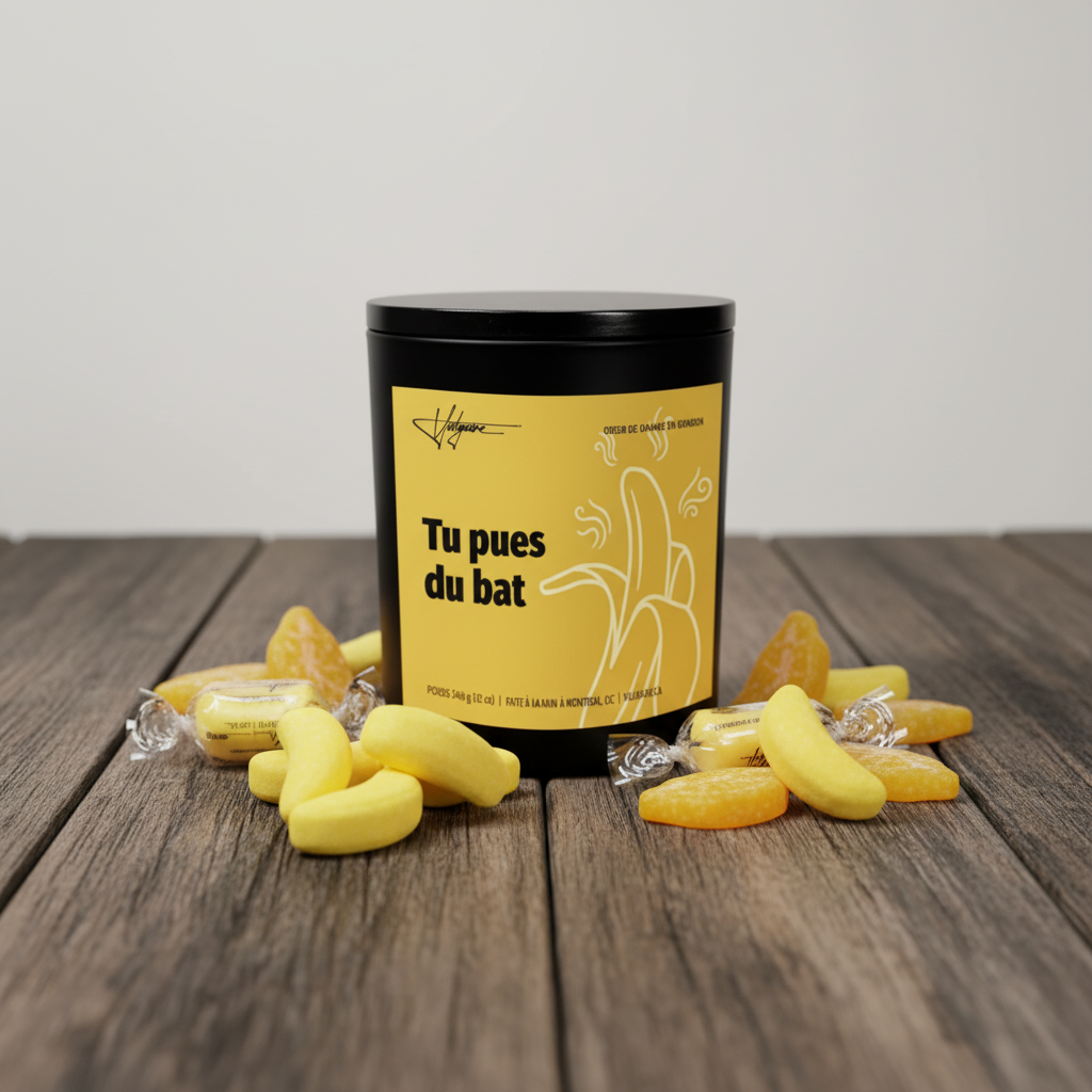 Bougie Tu Pues du Bat Vulgaire sur table en bois avec accessoires banane