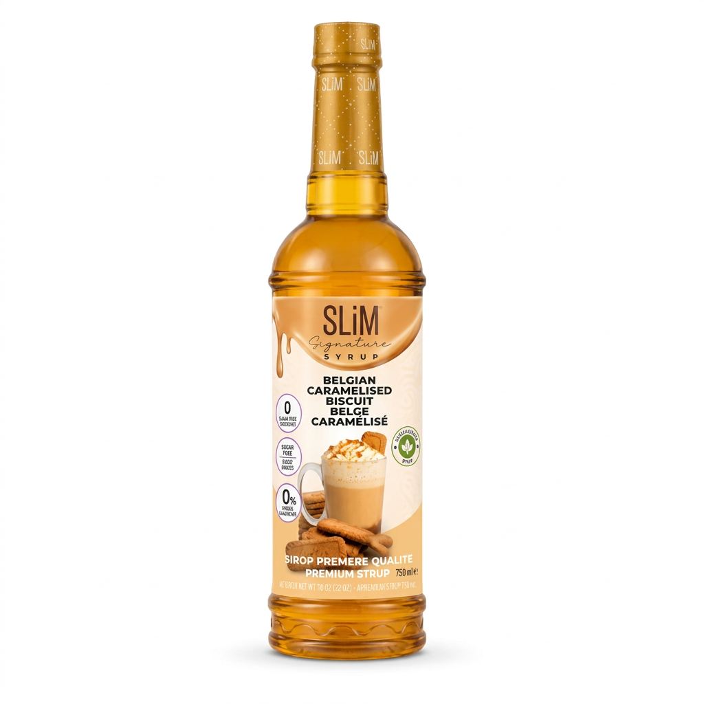 Bouteille de sirop Slim biscuit belge caramélisé sur fond blanc, format carré et cadrage serré.