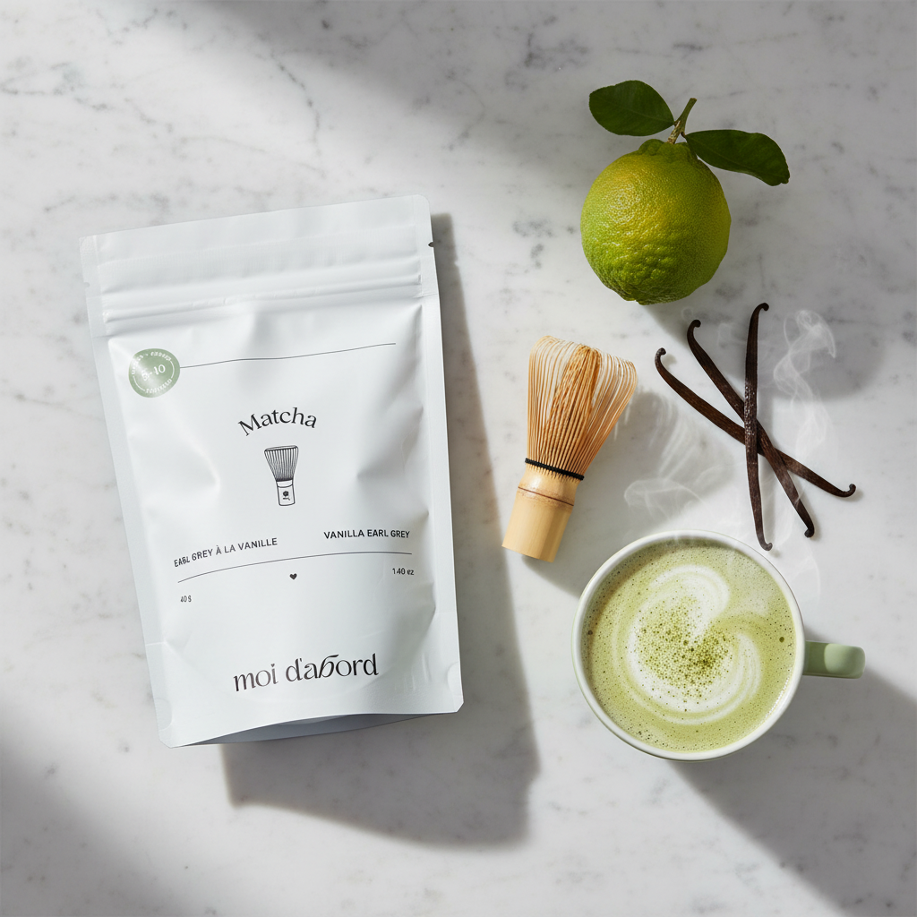 Sachet Earl Grey Vanille Moi d'abord sur marbre avec bergamote et latte