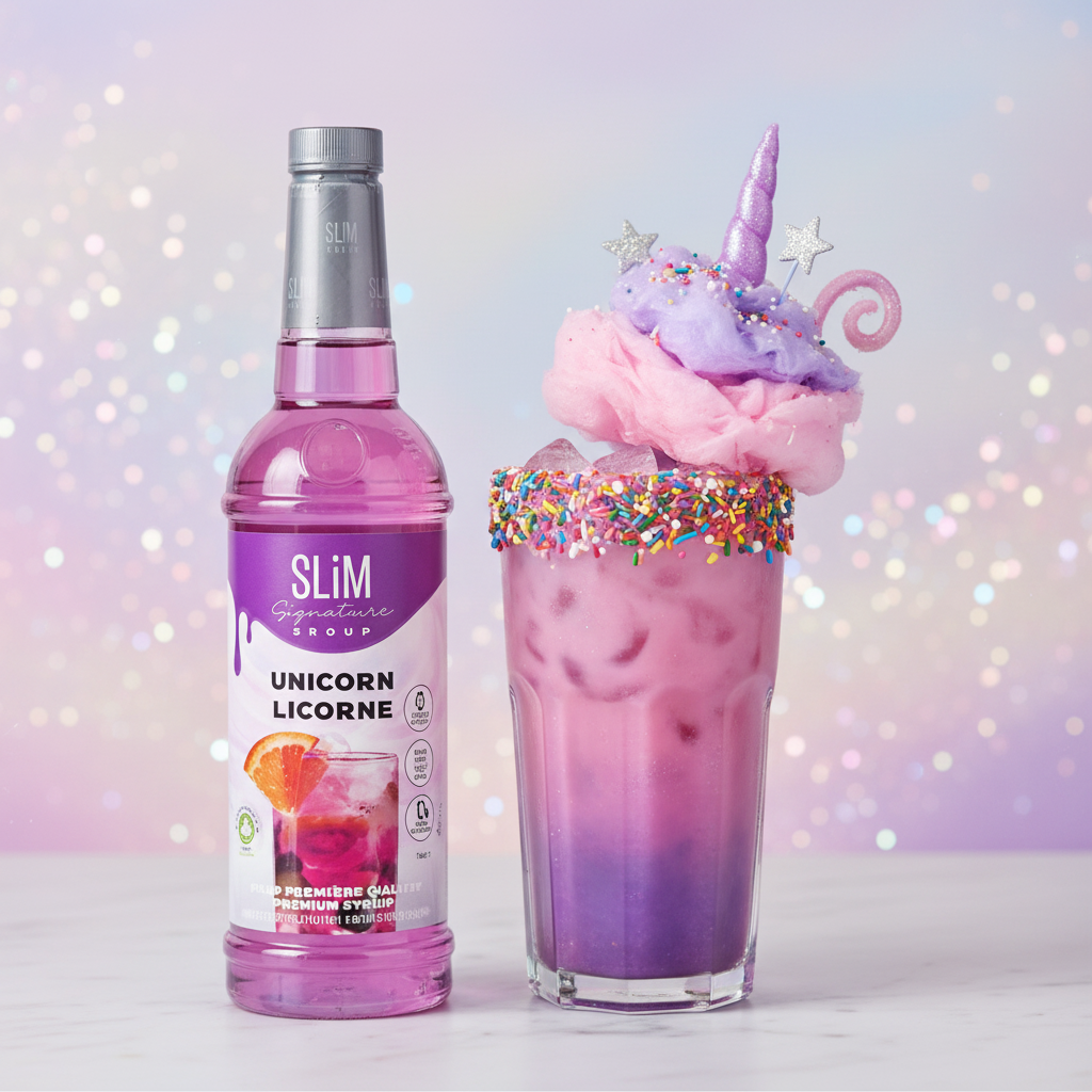 Sirop SLiM Licorne avec boisson magique rose-violet, paillettes et barbe à papa
