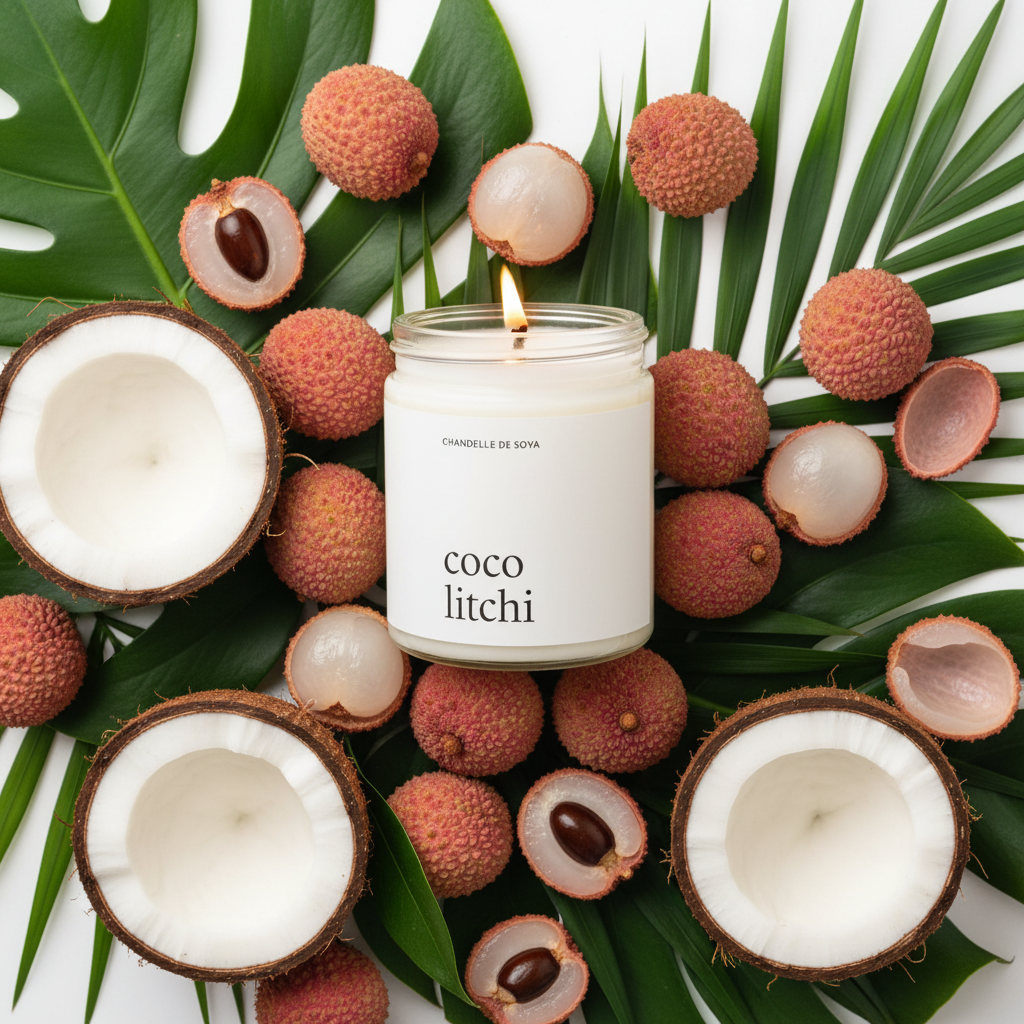 Chandelle de soya Coco Litchi Produits Marée sur fond blanc avec noix de coco et litchis