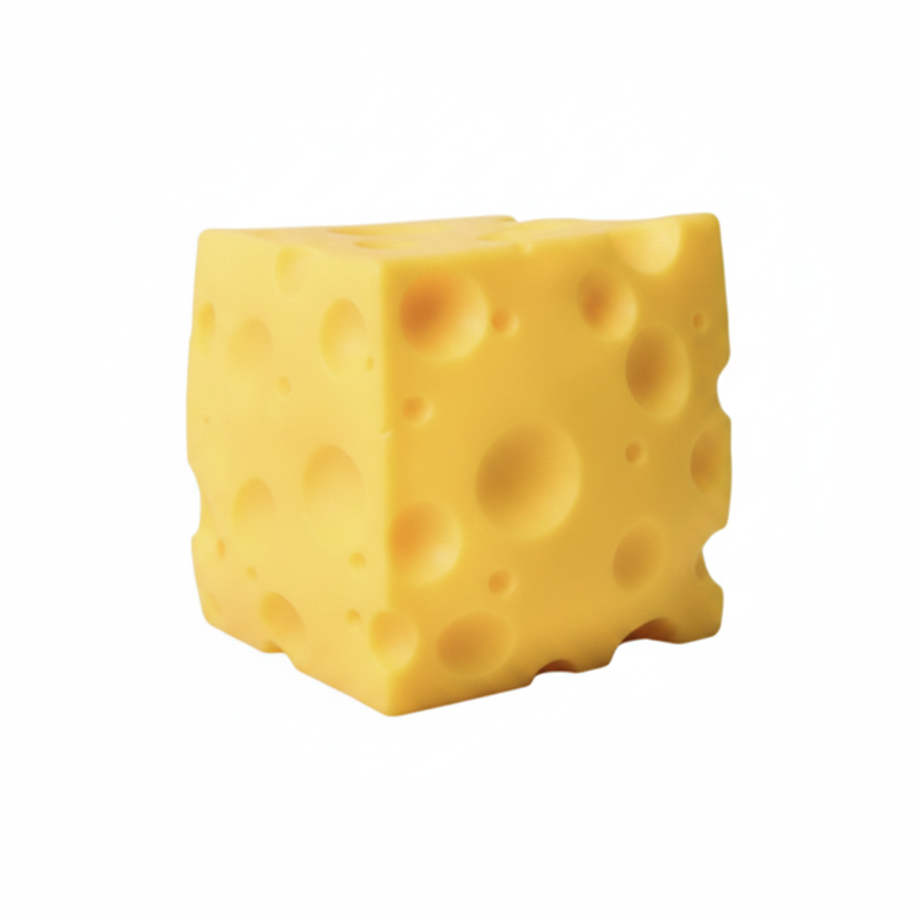 Gros Bonnet fromage squishy cube jaune fond blanc