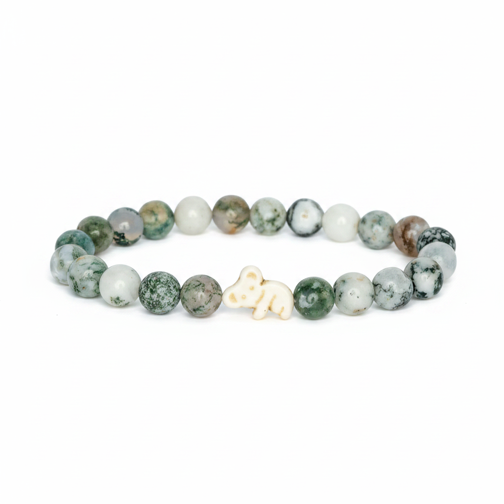 Bracelet Fahlo Koala Eucalyptus Green perles agate mousse verte sur fond blanc