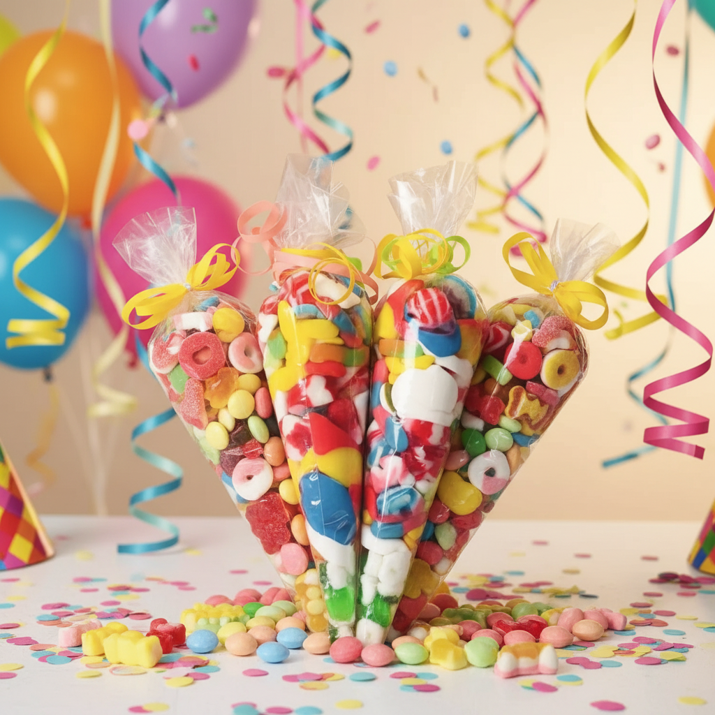 Cônes de bonbons colorés sur table festive avec confettis et ballons