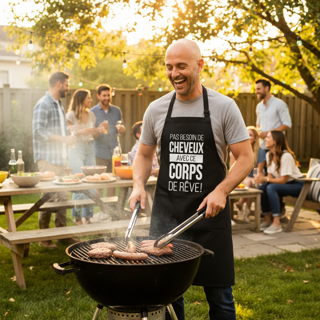 Homme chauve portant tablier noir humoristique au BBQ