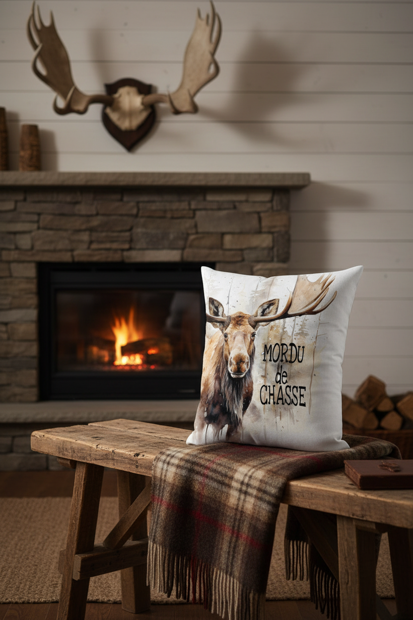 Coussin Mordu de Chasse Orignal - décor chalet rustique