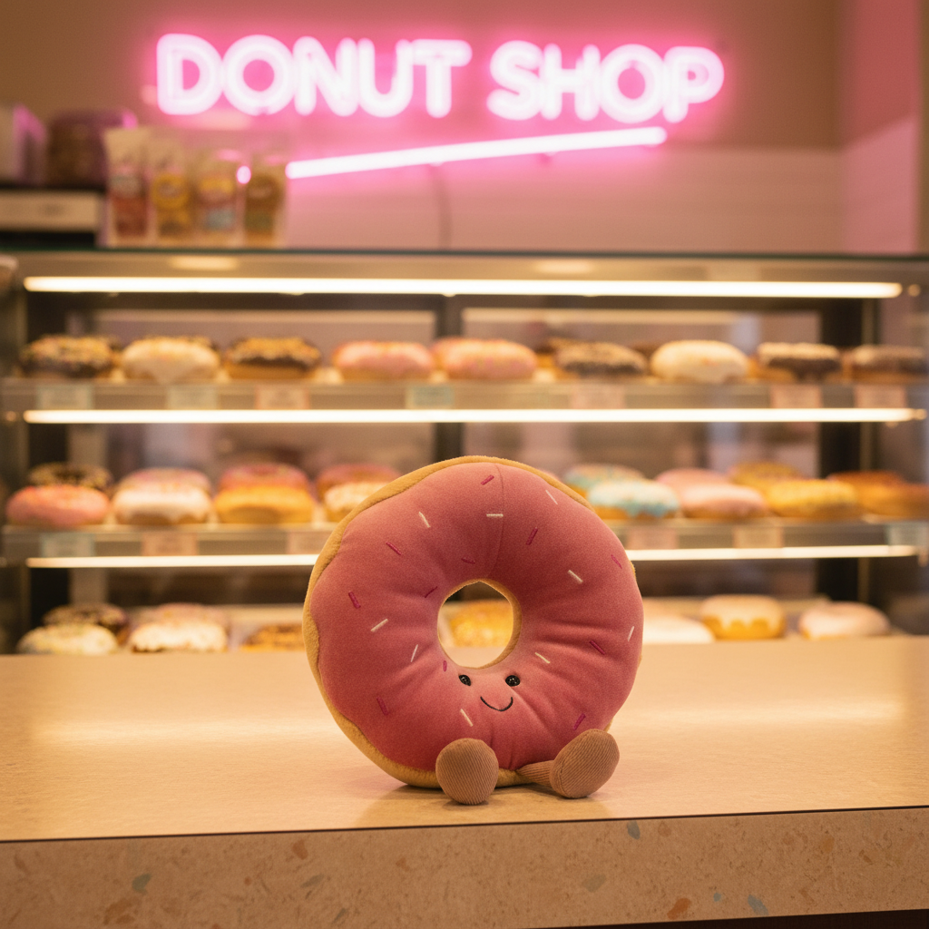 Jellycat Amuseable Doughnut — Peluche beigne en ambiance donut shop rétro