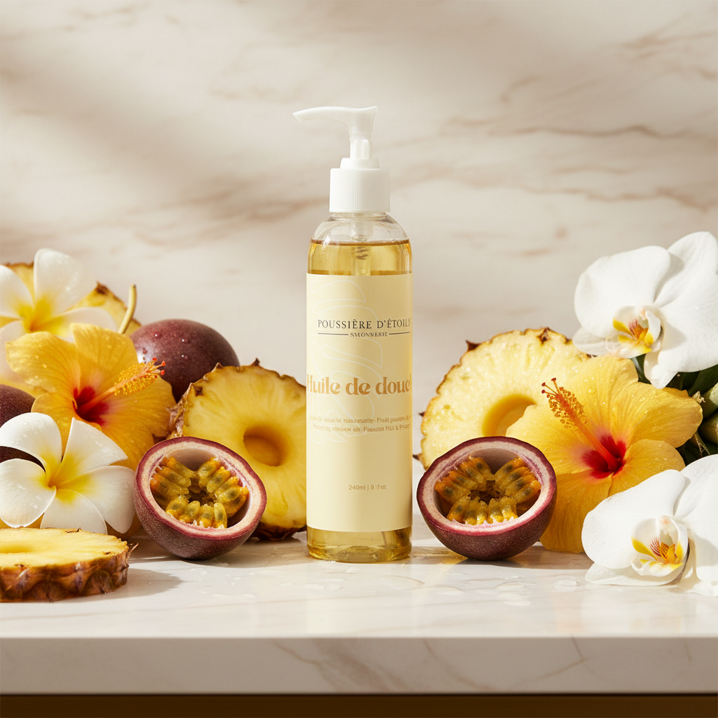 Huile de douche moussante Poussière d’Étoile sur marbre avec fruits tropicaux, ambiance luxueuse et artisanale