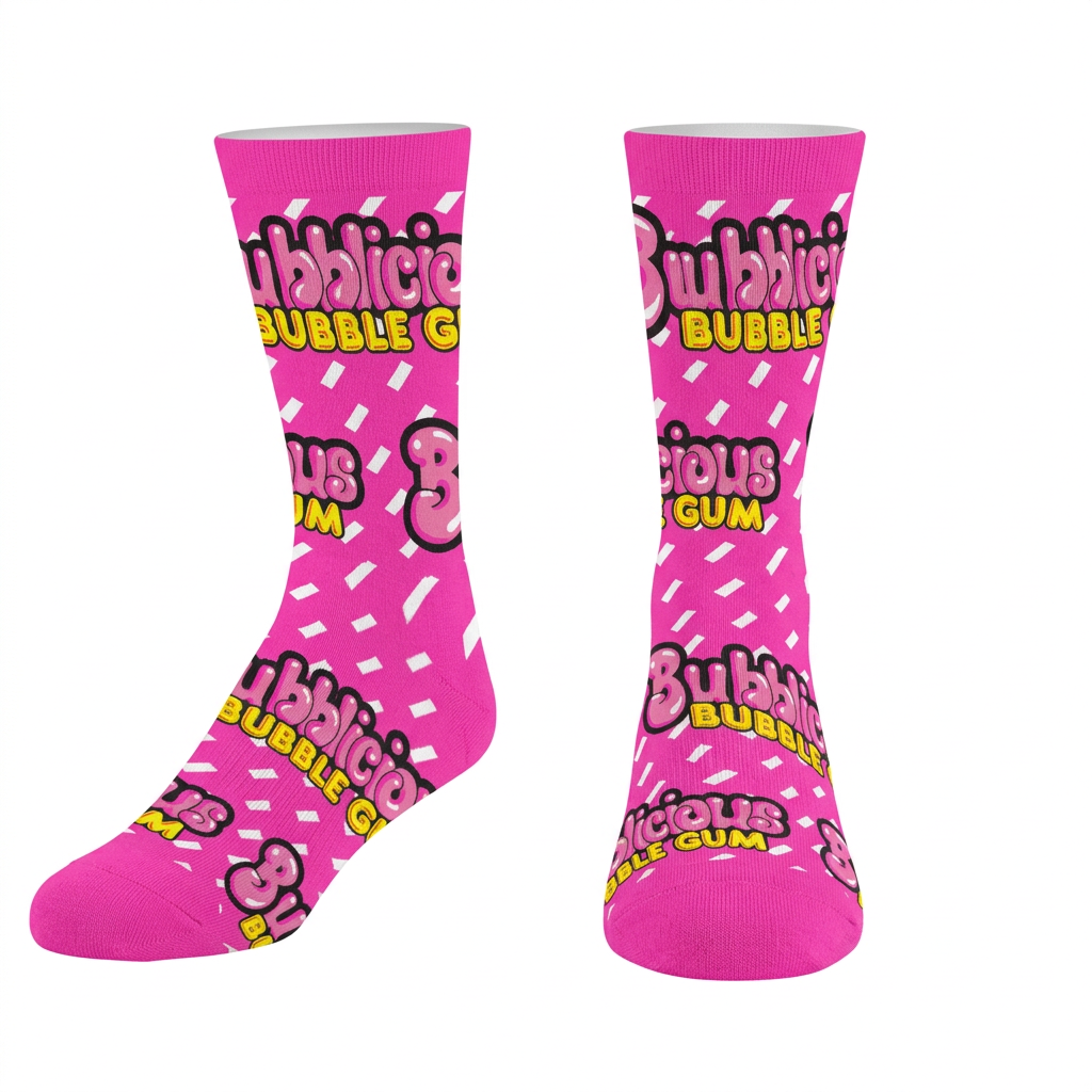 Paire de chaussettes roses Bubblicious Bubble Gum à logos répétés sur fond blanc.