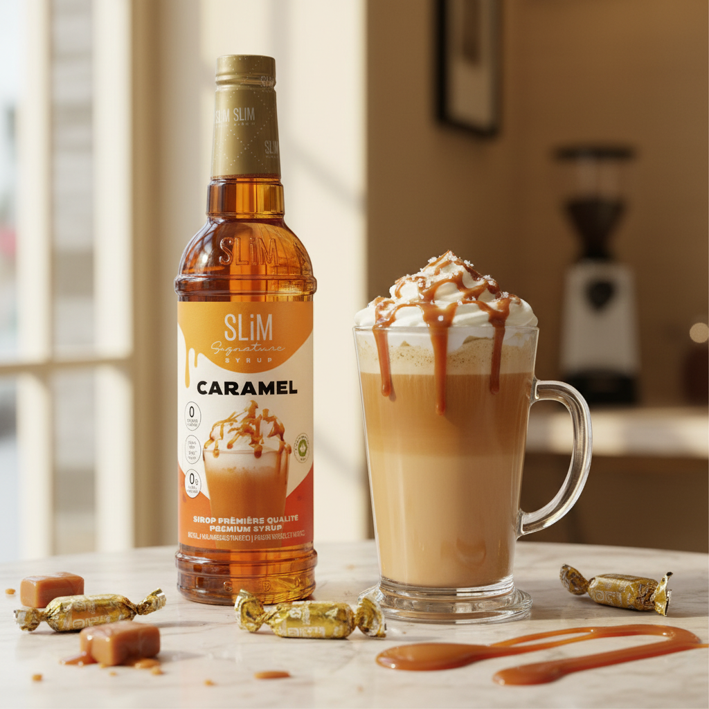 Sirop SLiM Caramel avec latte crémeux, crème fouettée et filet de caramel, ambiance café élégant