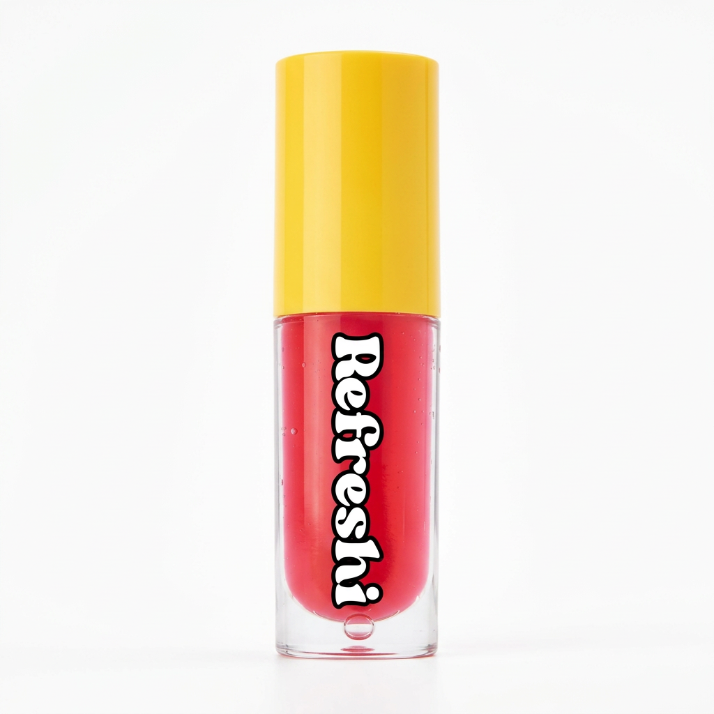Huile à lèvres Refreshi Red Raspberry au capuchon jaune, présentée de face sur fond blanc.