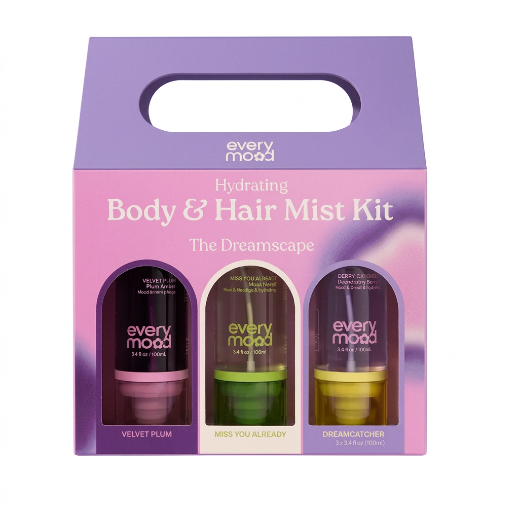 Coffret Everymood The Dreamscape de trois brumes corps et cheveux, présenté de face sur fond blanc.