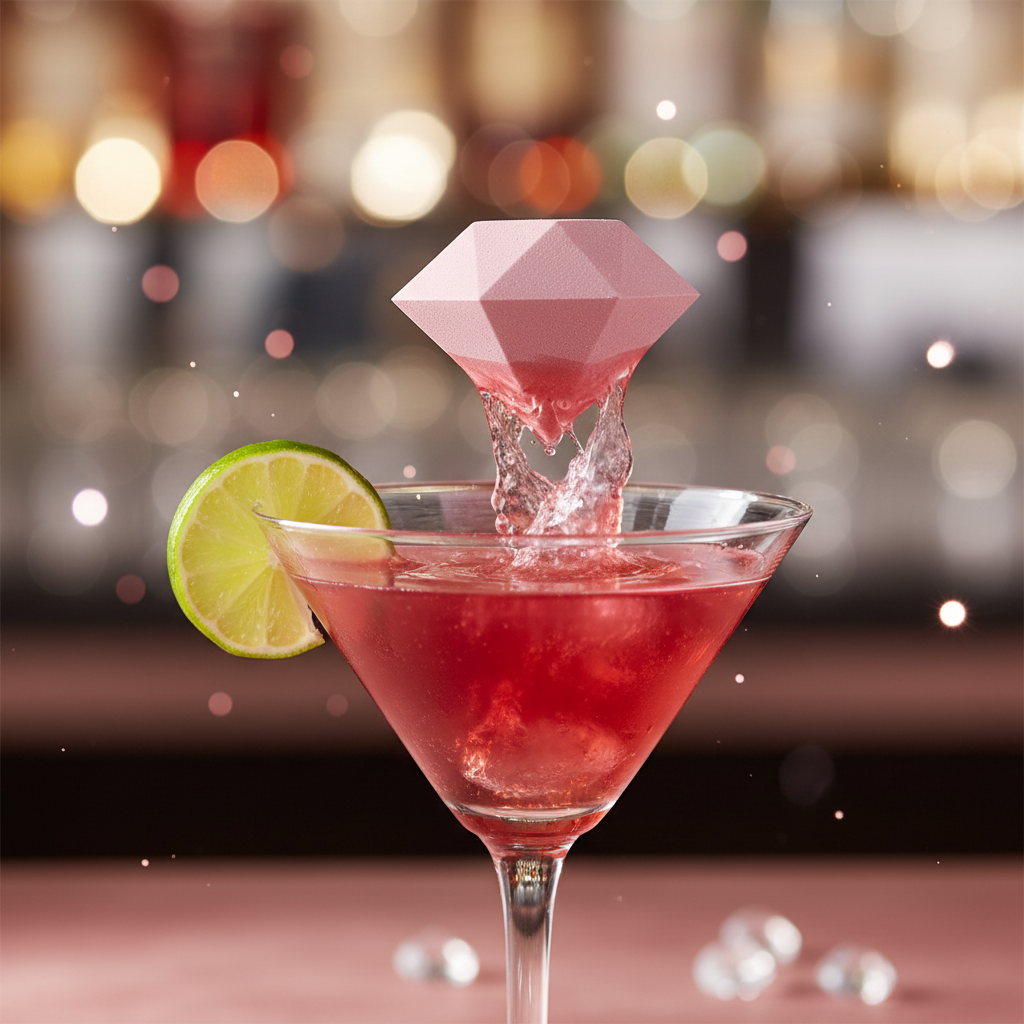 Bombe Cosmopolitan diamant rose dans un verre martini rose, ambiance glamour
