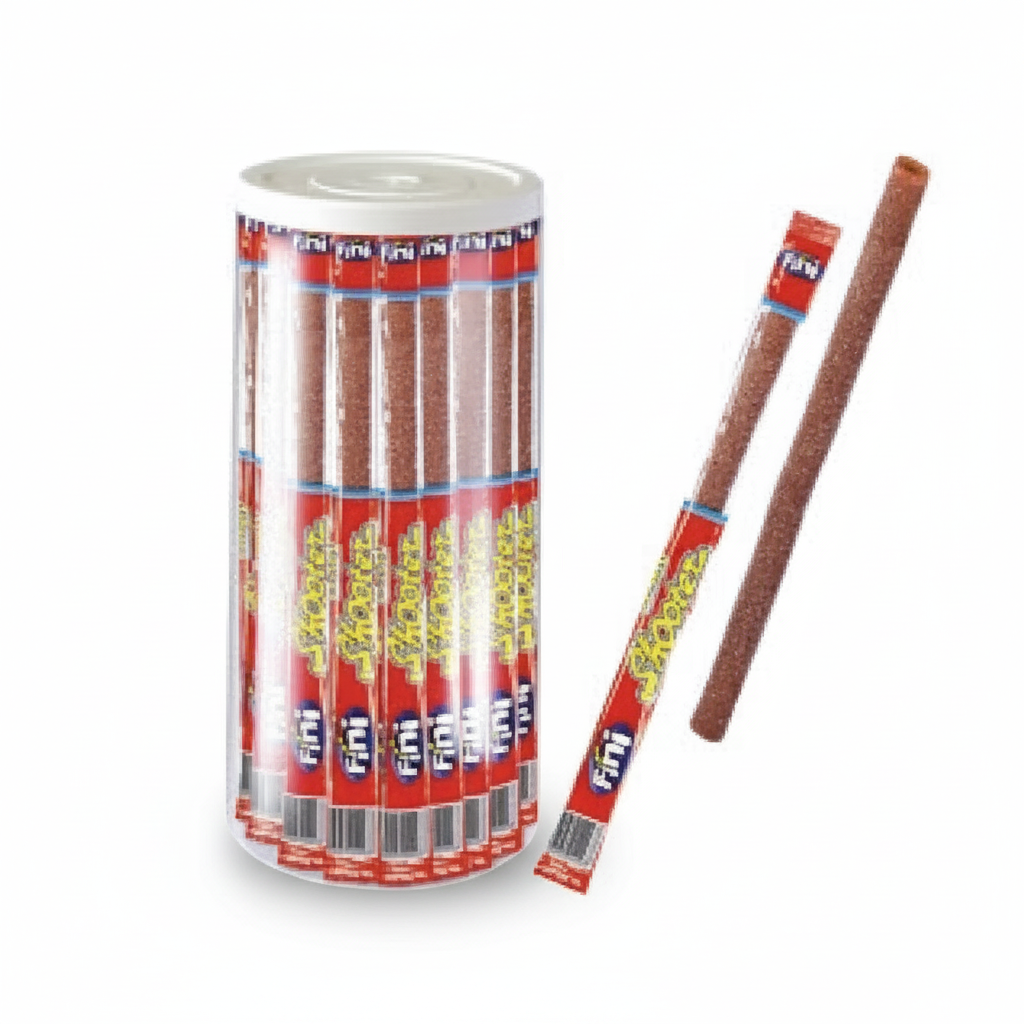 Fini Straws Cola Shock, bonbon goût cola sur fond blanc