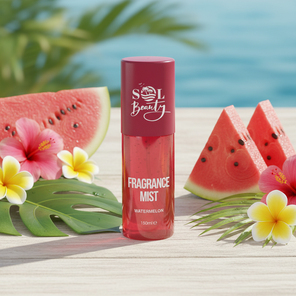 Flacon spray Sol Beauty Brume Watermelon avec tranches de melon d’eau et fleurs tropicales