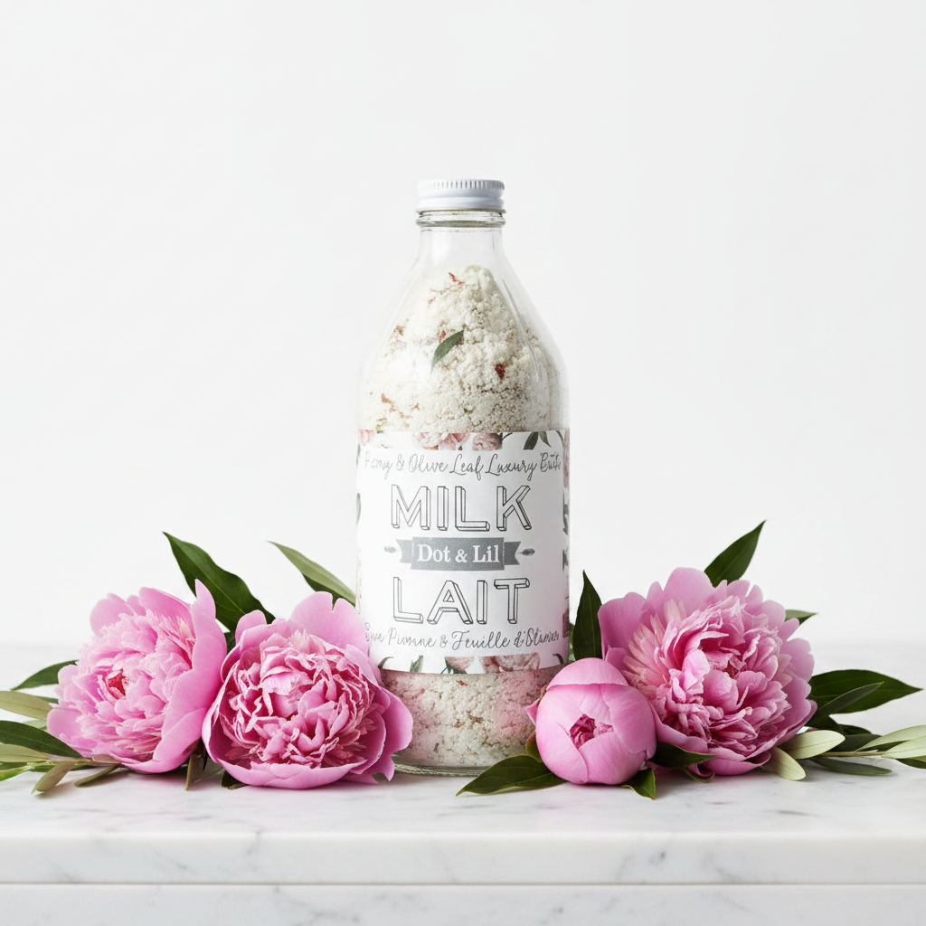 Lait de bain Pivoine Feuille d'Olivier Dot & Lil flacon verre sur marbre
