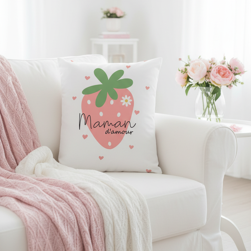 Coussin Maman d'amour - décor salon rose et blanc