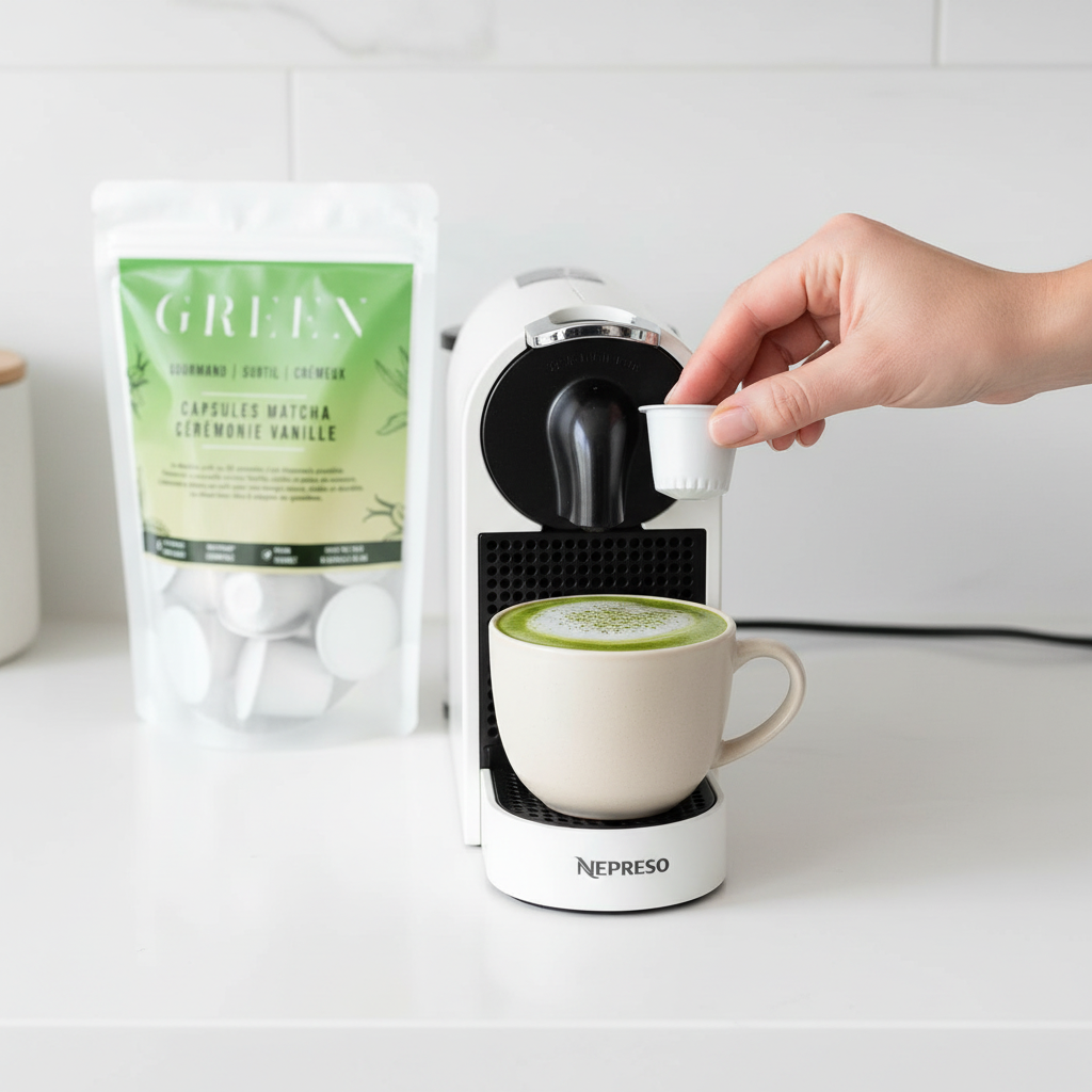 Capsule matcha GREEN insérée dans une machine Nespresso avec latte prêt