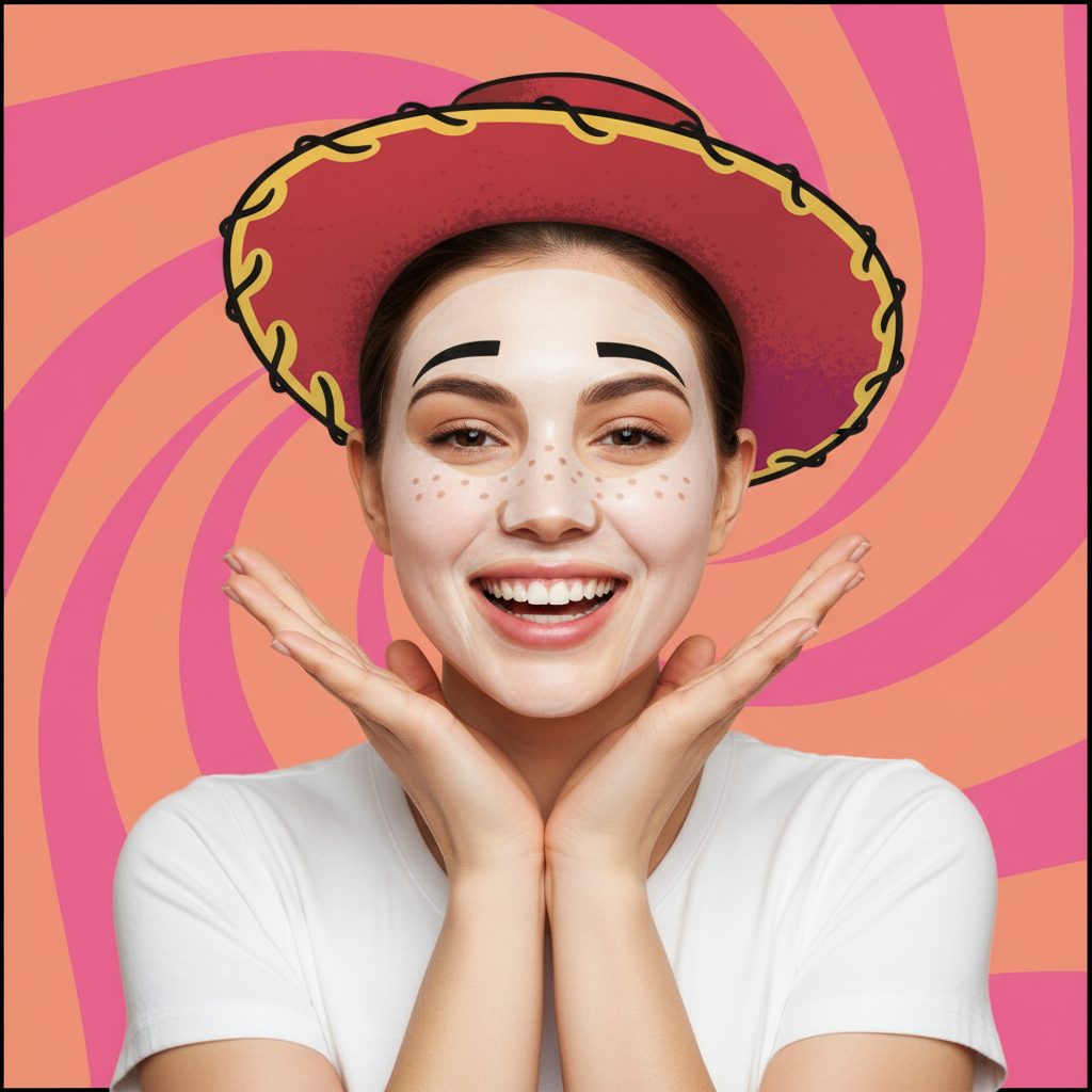 Femme qui porte le masque cosmétique en tissu Mad Beauty Jessie Toy Story, ambiance fun et colorée