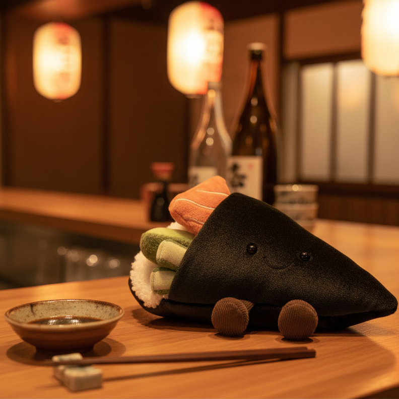 Jellycat Coneroi Temaki peluche sushi sur un comptoir de restaurant japonais