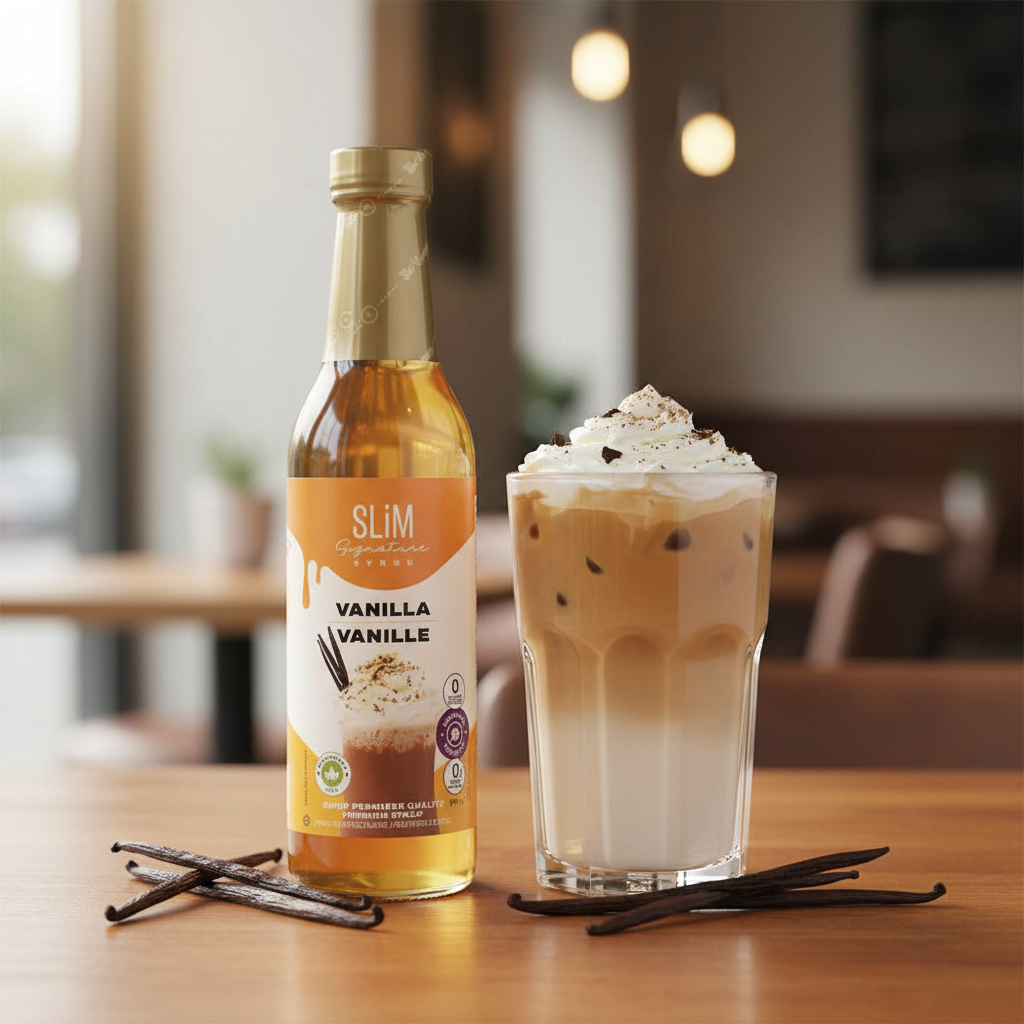 Sirop SLiM Vanille avec latte crème fouettée et gousses de vanille, ambiance café