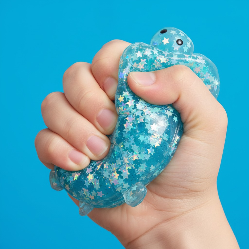 Main qui squeeze le jouet squishy tortue de mer bleu translucide avec étoiles holographiques à l’intérieur