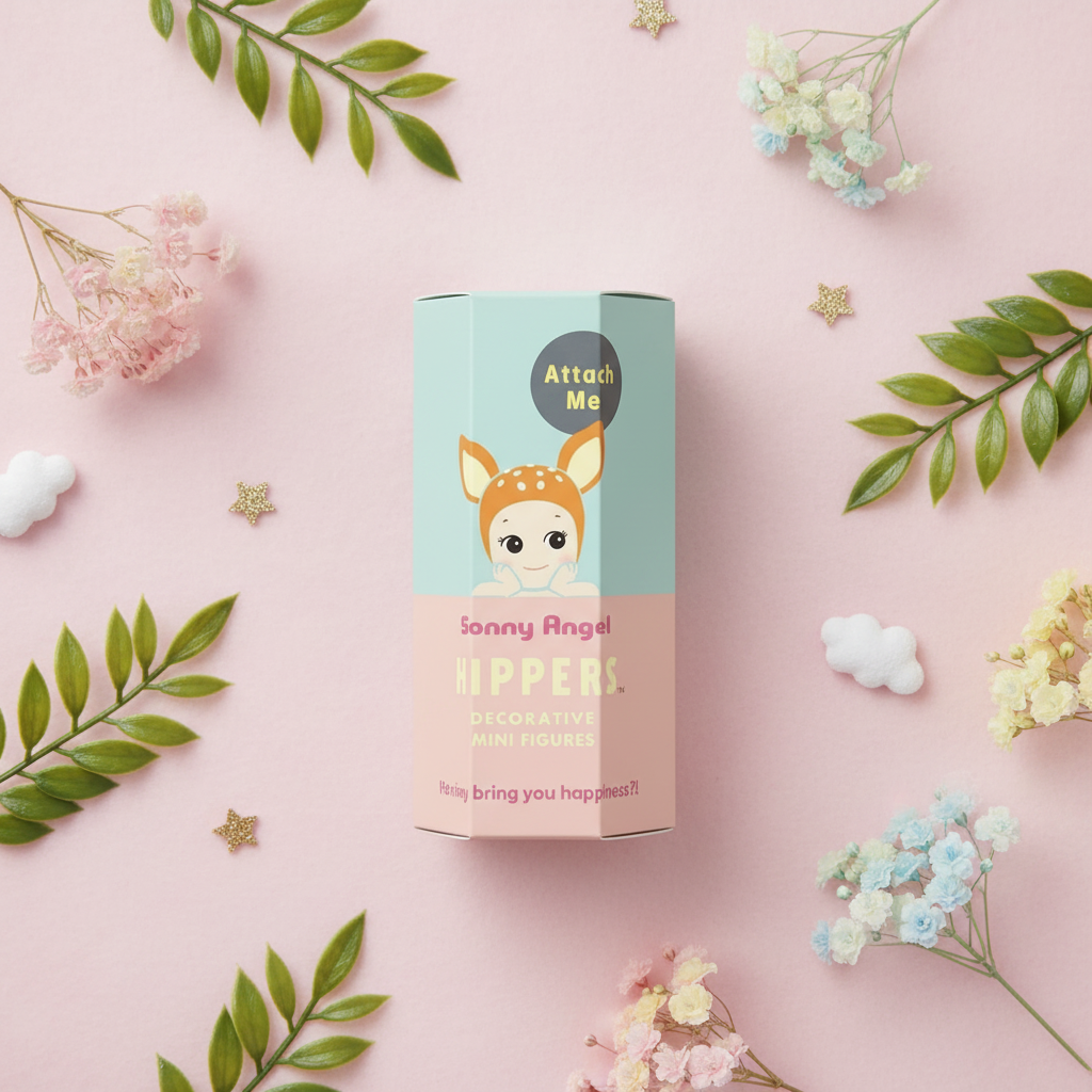 Boîte Hippers Mini Figures Bambi sur surface pastel avec feuilles vertes et petites fleurs