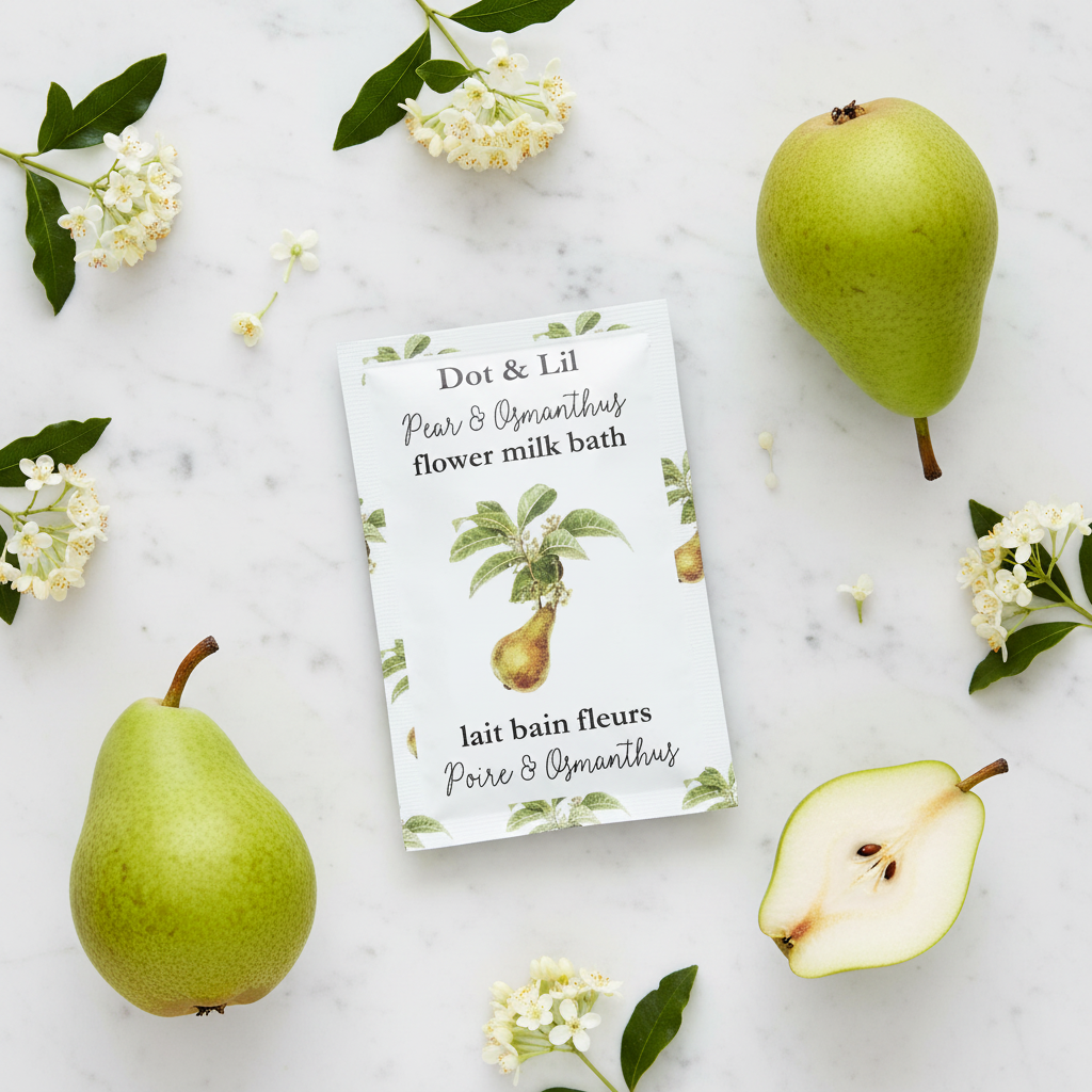 Lait bain fleurs Poire Osmanthus Dot & Lil sur marbre avec poires