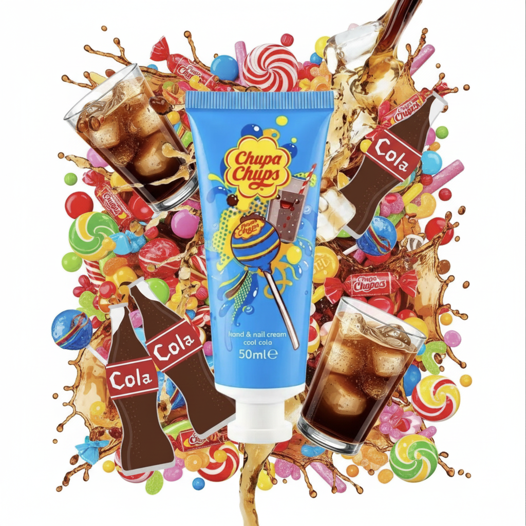 Crème mains Chupa Chups Cool Cola entourée de sucettes et éléments cola, ambiance fun et colorée