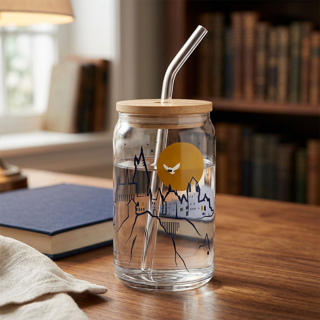 Gobelet Harry Potter Poudlard avec couvercle et paille dans une ambiance de coin lecture.