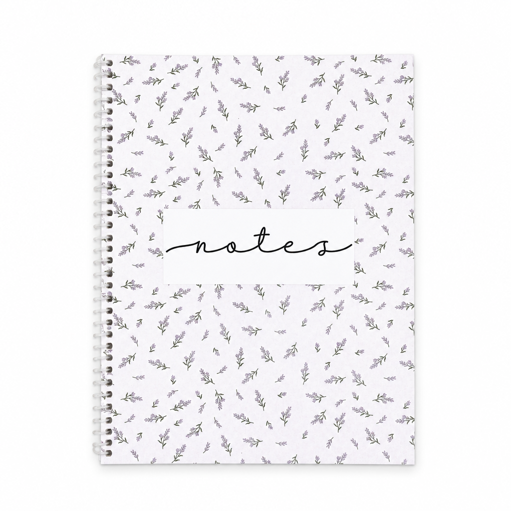 Cahier de notes blanc à spirale avec fins motifs botaniques noirs sur fond blanc