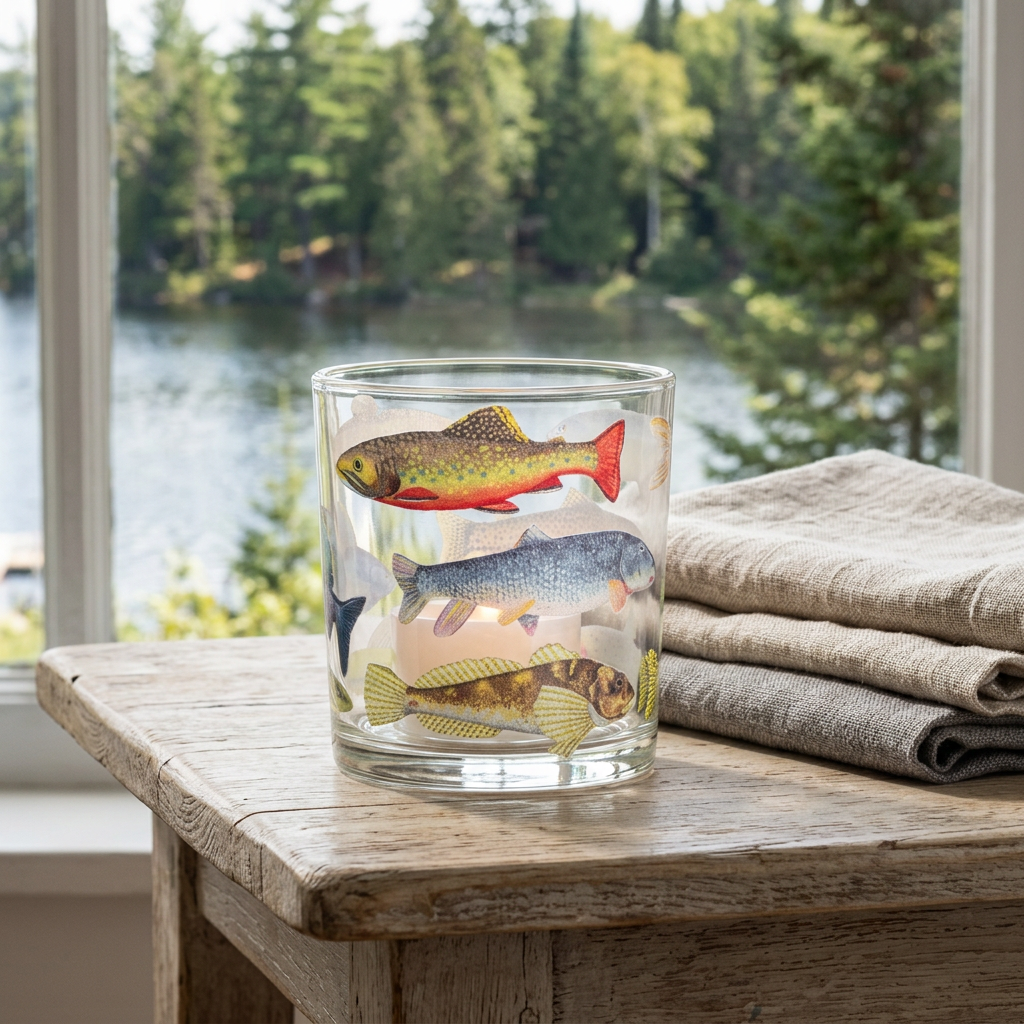 Verre Flicker Abbott à motifs de poissons colorés sur une table en bois dans une ambiance chalet.
