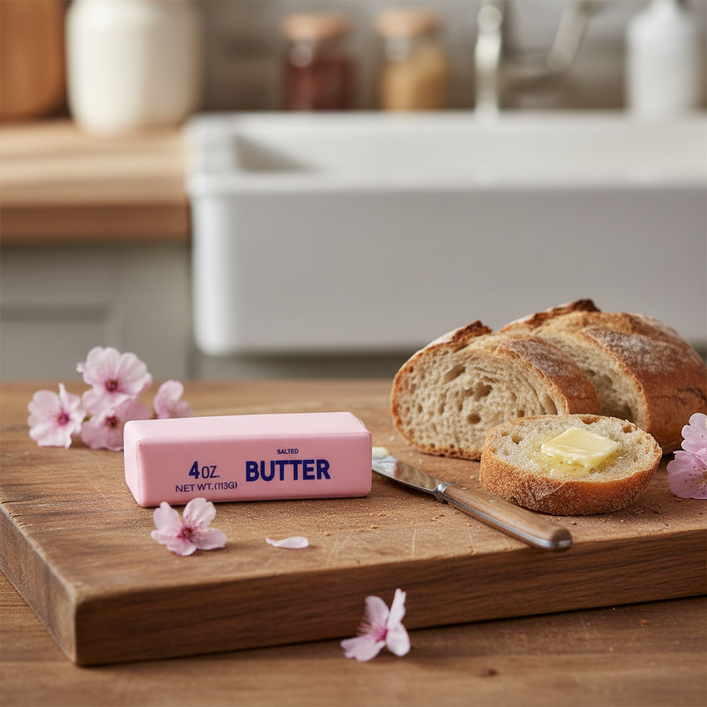 Jouet squishy beurre rose sur surface en bois avec pain, couteau et fleurs roses