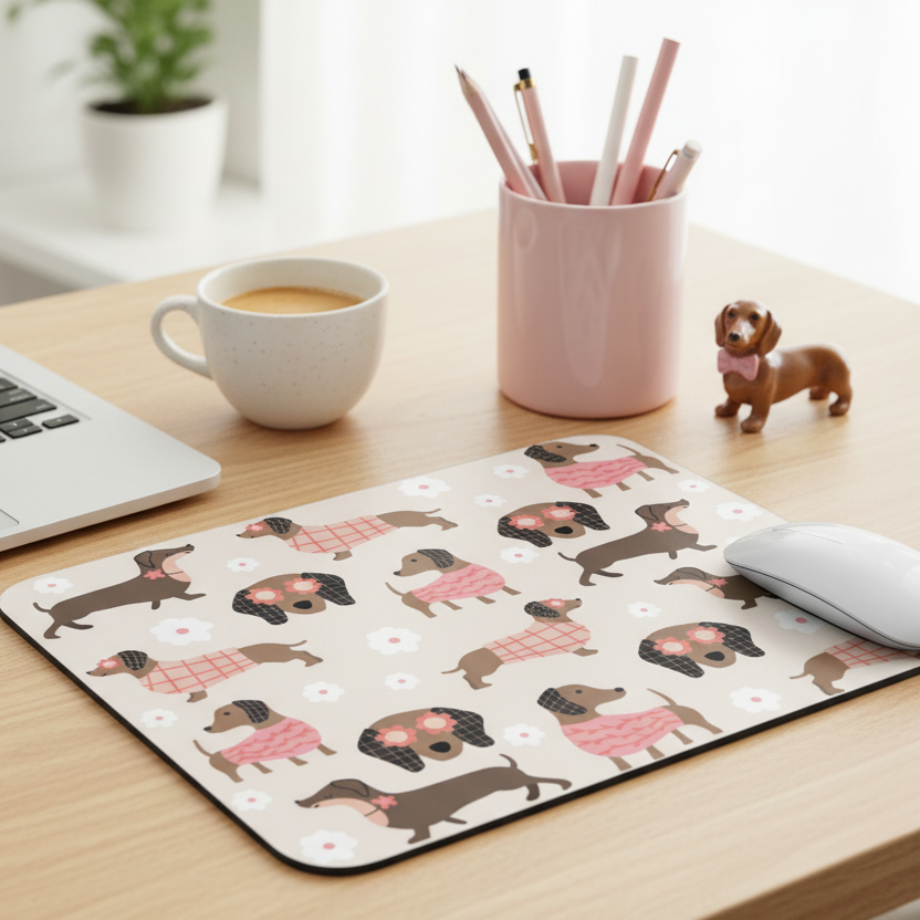 Tapis de Souris Teckels — Saucisses Fashion en Pull Rose & Lunettes Fleuries | Bureau Girly