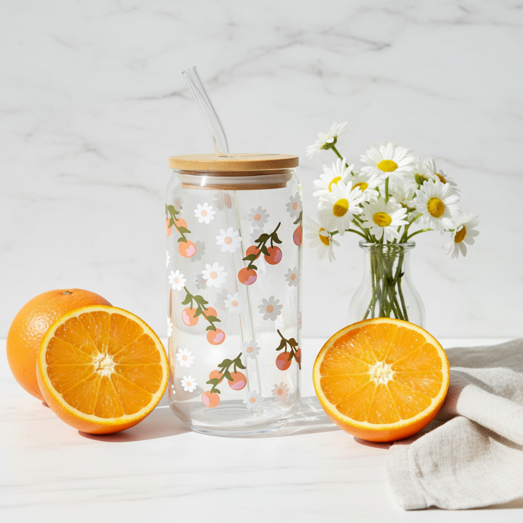 Verre Fleurs d’Oranger 16 oz — Marguerites & Oranges | Couvercle Bambou & Paille en Verre