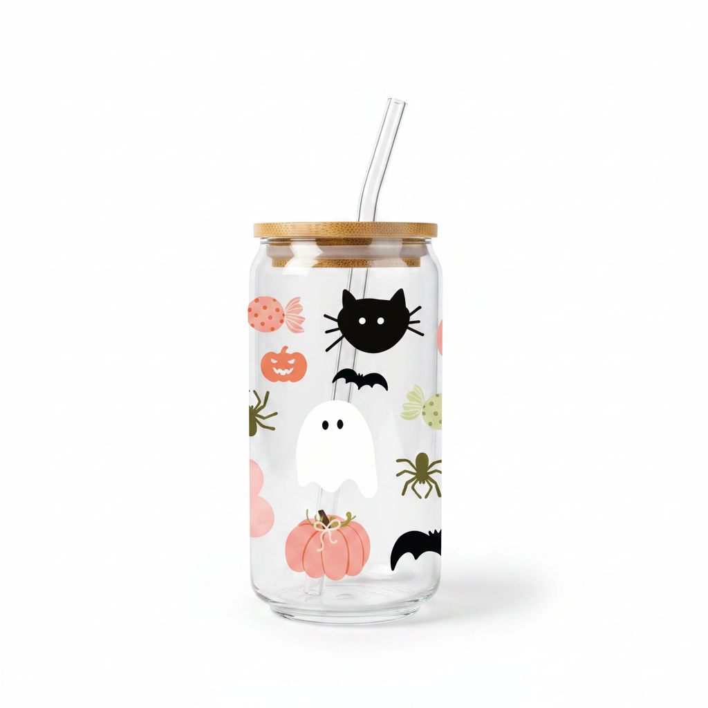 Verre Halloween 16 oz — Fantôme, Chat Noir & Citrouille | Couvercle Bambou & Paille en Verre