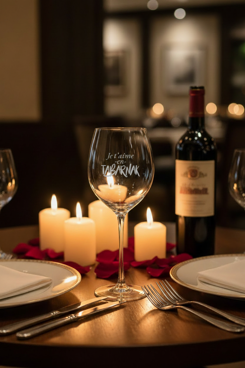 Verre Je t'aime - table romantique avec bonne coupe