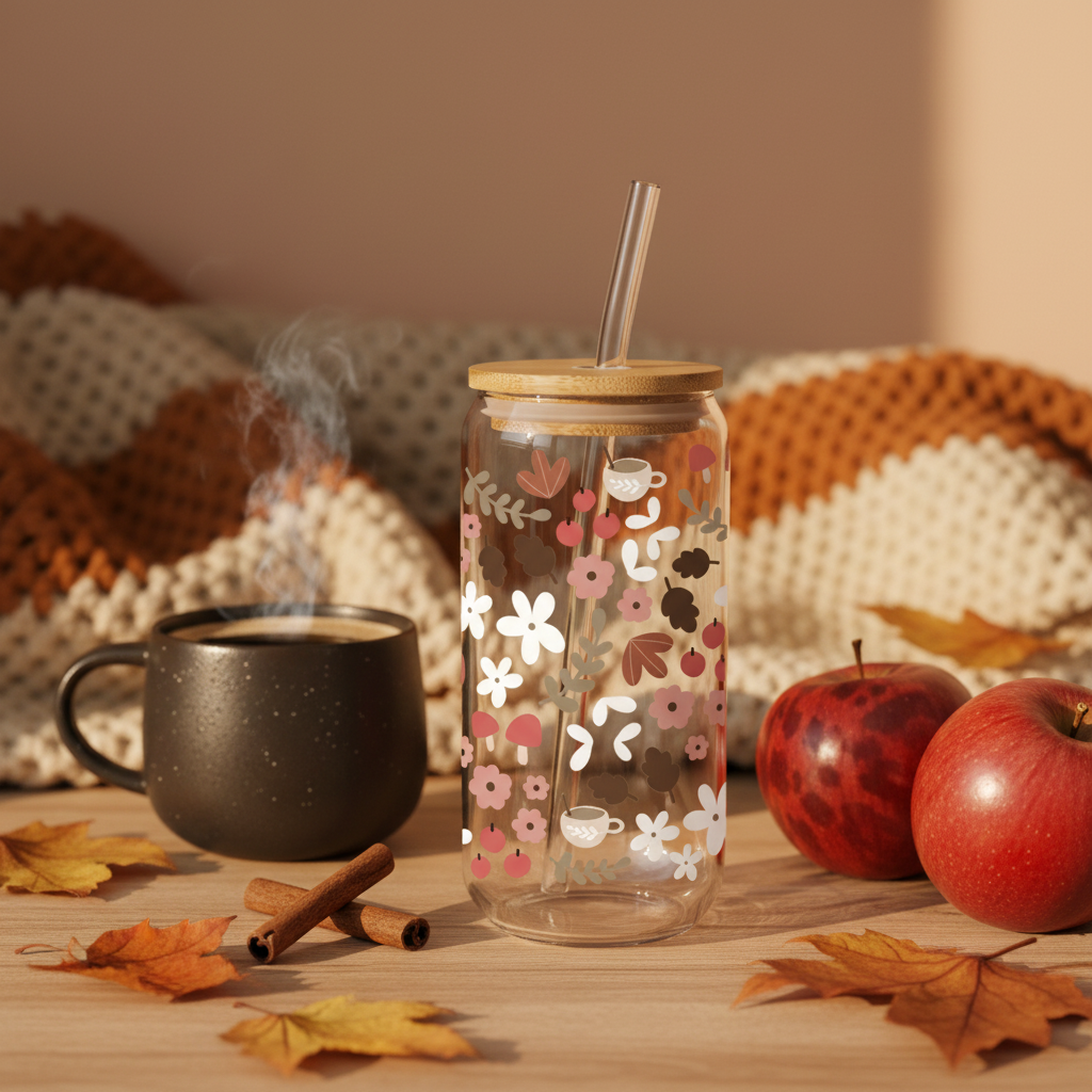 Verre Mosaïque d’Automne 16 oz — Fleurs, Pommes & Café | Couvercle Bambou & Paille en Verre