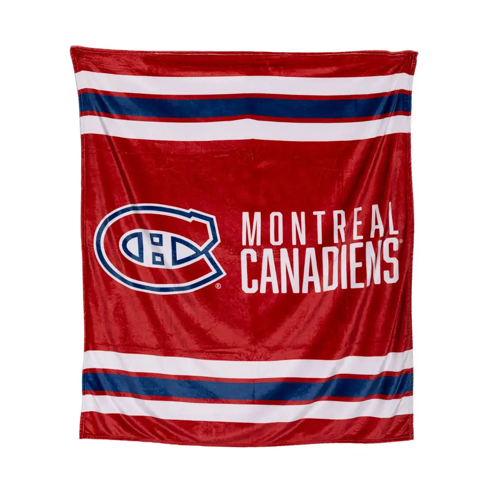 Doudou rouge des Canadiens de Montréal avec logo CH et rayures bleues et blanches
