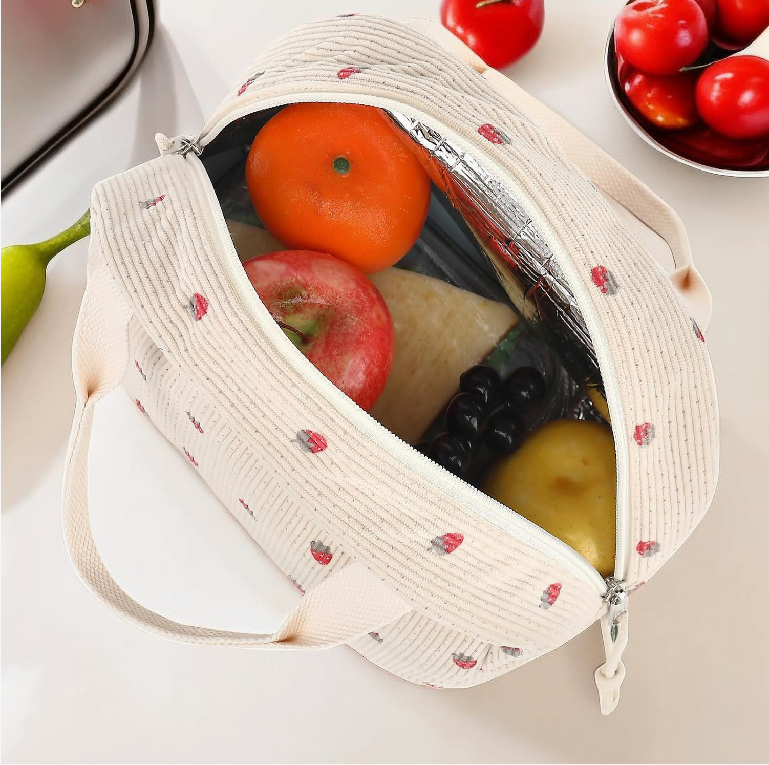 Sac à Déjeuner Velours Côtelé Fraise Rose