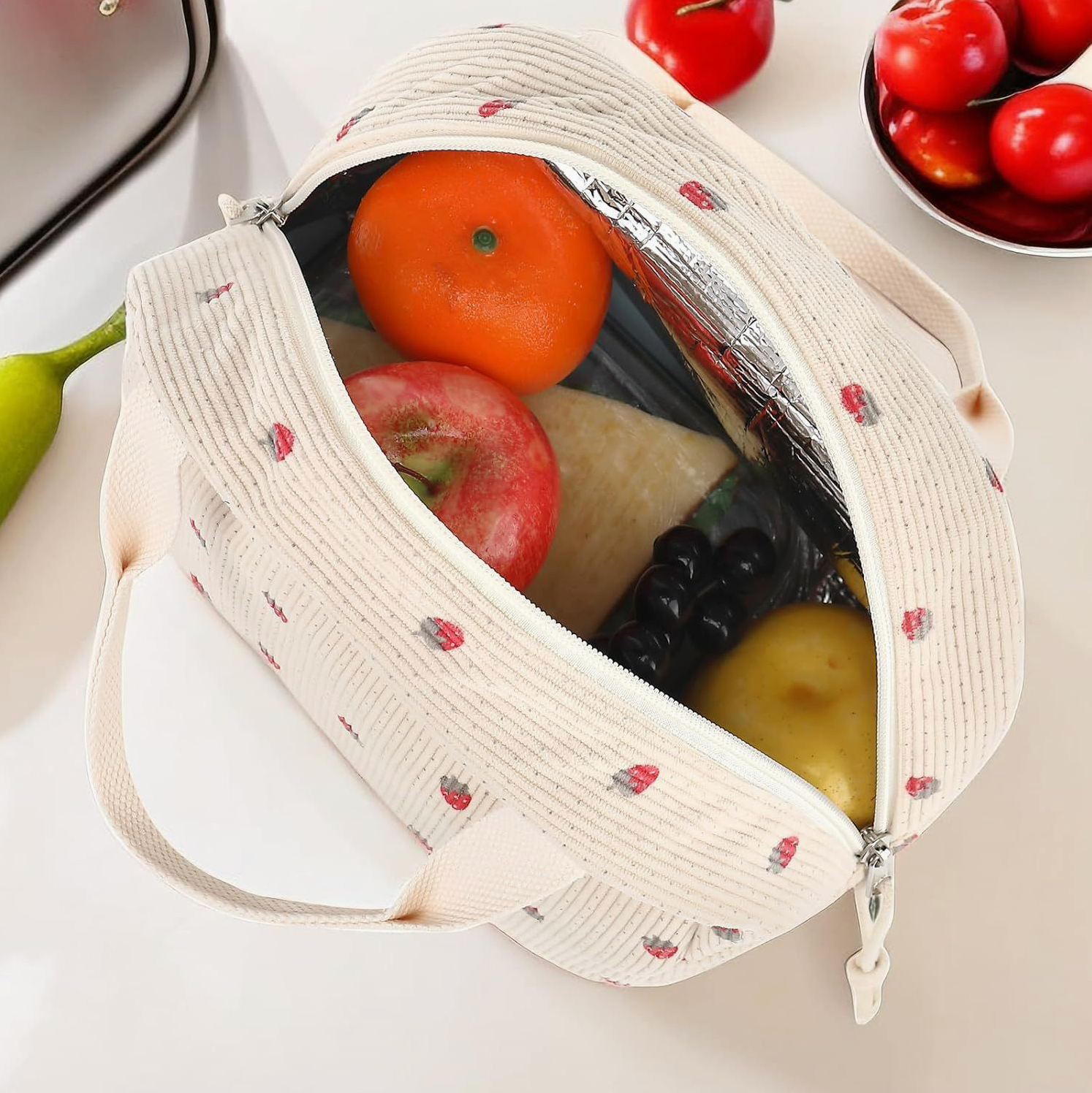 Sac à Déjeuner Velours Côtelé Fraise Beige