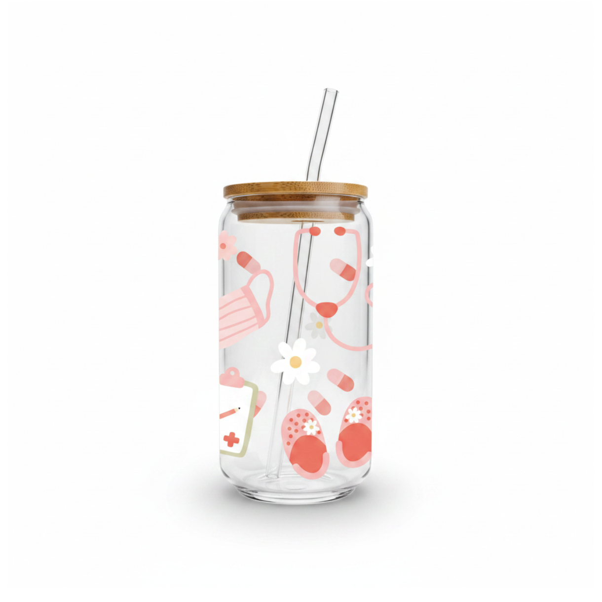 Verre Infirmière 16 oz — Stéthoscope & Fleurs | Couvercle Bambou & Paille en Verre