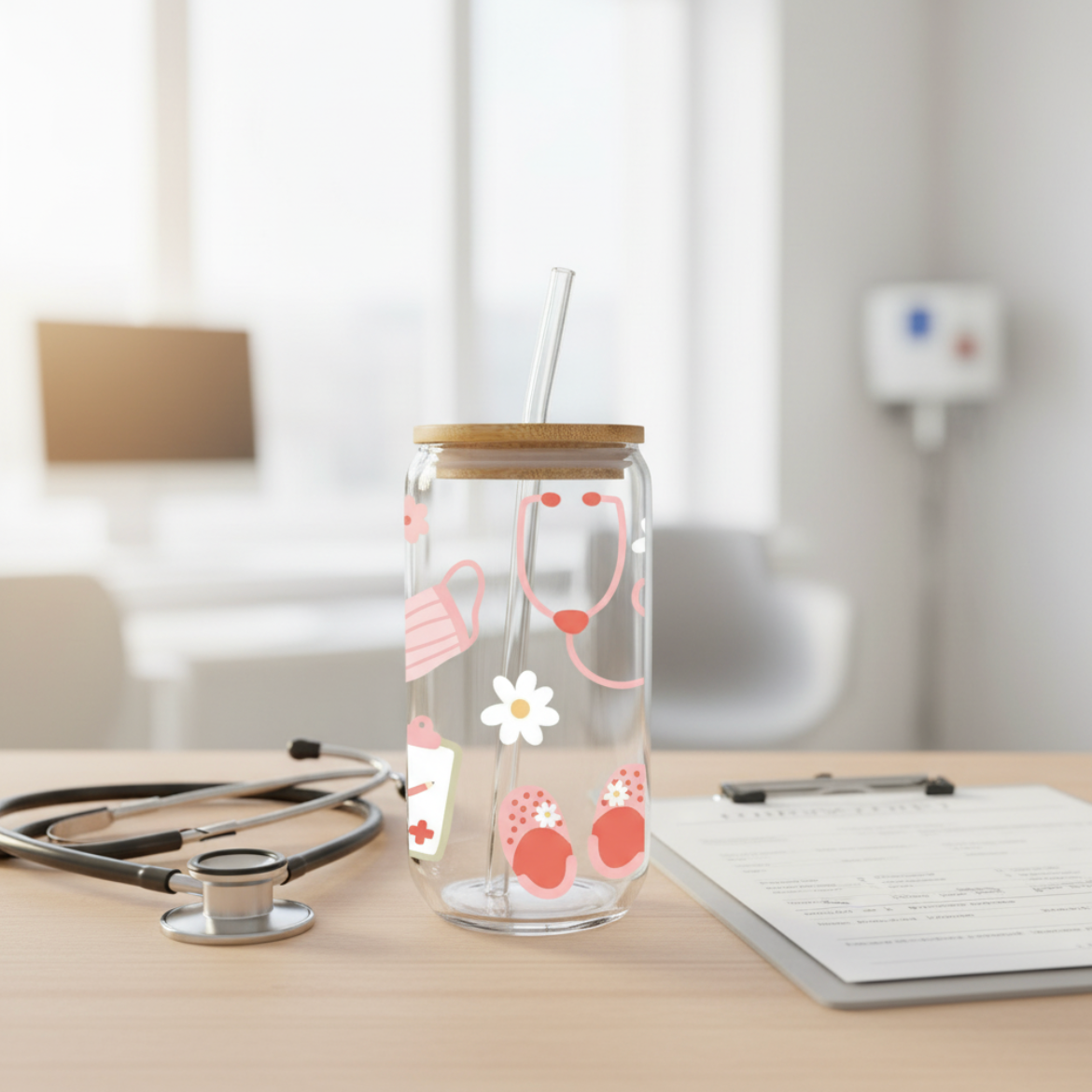 Verre Infirmière 16 oz — Stéthoscope & Fleurs | Couvercle Bambou & Paille en Verre
